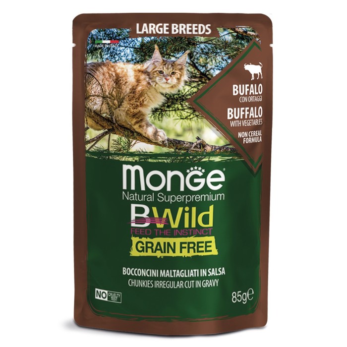 Влажный корм Monge Cat BWild GRAIN FREE для крупных кошек, мясо буйвола с овощами, 85 г - Фото 1