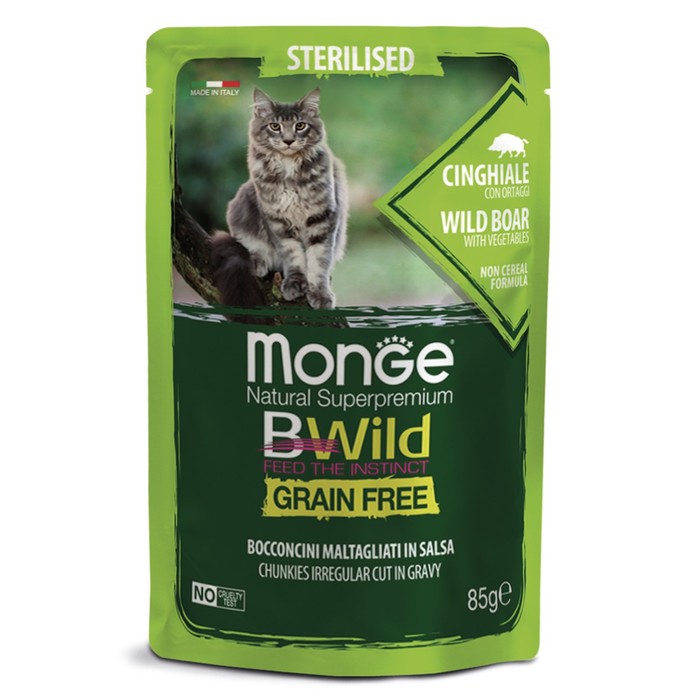 Влажный корм Monge Cat BWild GRAIN FREE для стерилизованных кошек, дикий кабан/овощи, 85 г - Фото 1