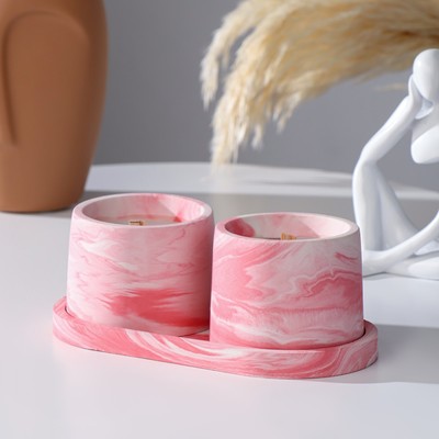 Набор свечей в подсвечнике на подставке «Лофт», соевый воск, деревянный фитиль, бело-розовая