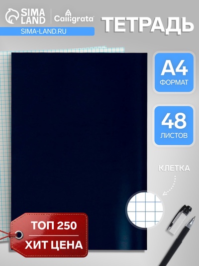 Тетрадь А4, 48 листов в клетку, Calligrata, серые листы, синий