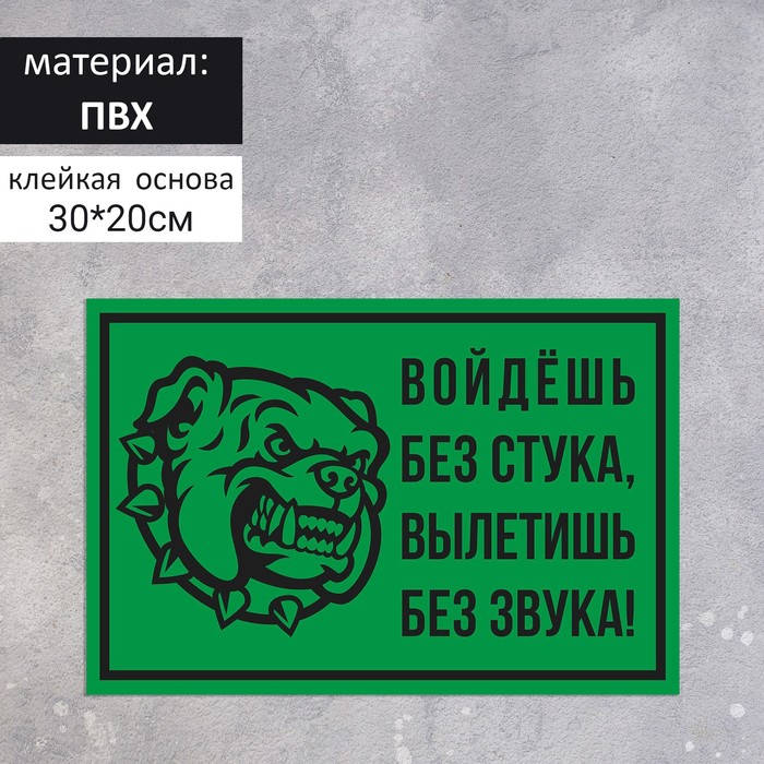 Табличка «Войдёшь-вылетишь» собака 300×200, клейкая основа, цвет чёрно-зелёный - Фото 1