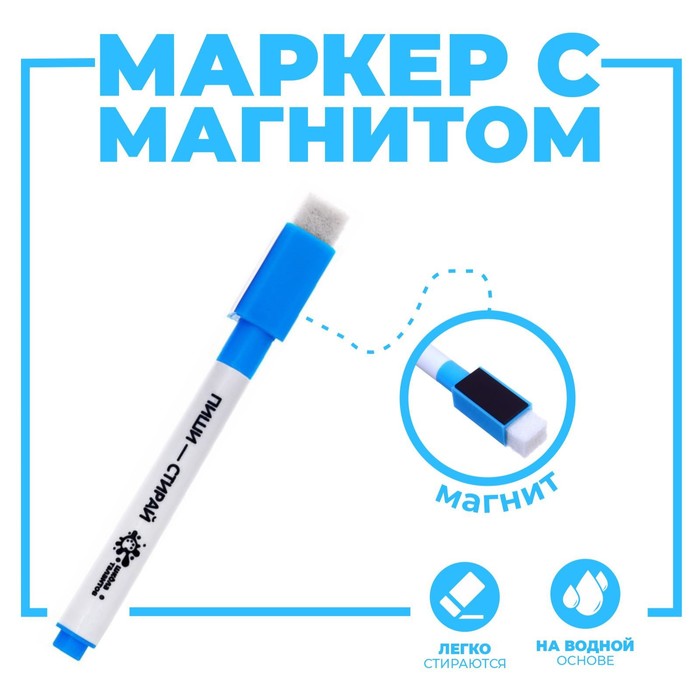 Маркер на водной основе с магнитом и губкой, голубой - Фото 1