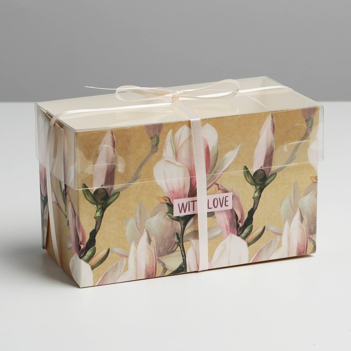 Коробка для капкейков, кондитерская упаковка, 2 ячейки «Магнолии», 16 х 8 х 10 см