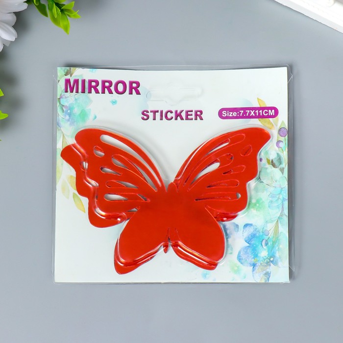 Наклейка интерьерная зеркальная "Бабочка ажурная" набор 3 шт красная 11х7,5 см - фото 1898564898
