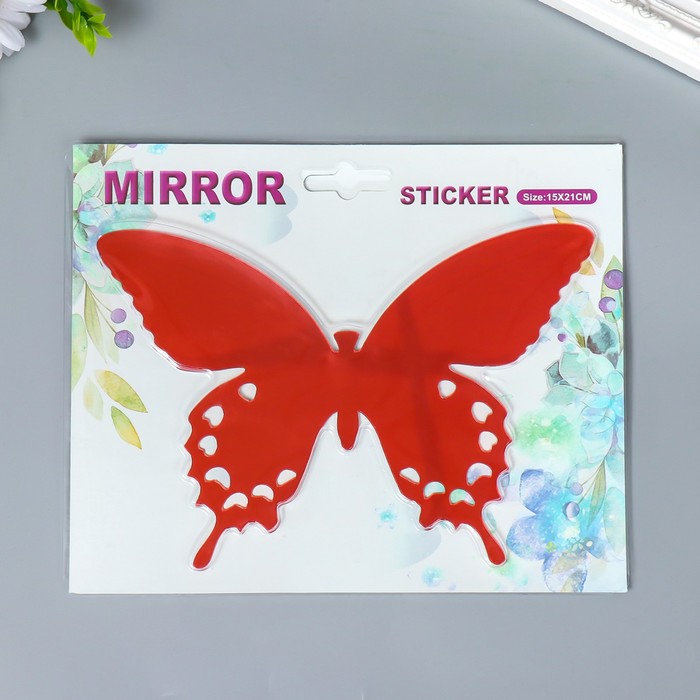Наклейка интерьерная зеркальная "Бабочка ажурная" красная 21х15 см - фото 1900039476