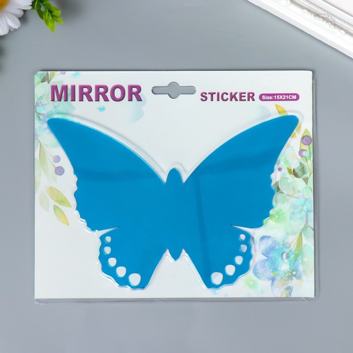 Наклейка интерьерная зеркальная "Бабочка ажурная" синяя 21х15 см - фото 1898564904