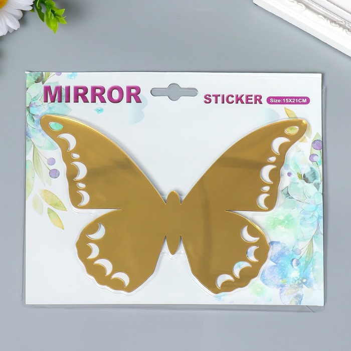 Наклейка интерьерная зеркальная "Бабочка ажурная" золото 21х15 см - фото 1900039482