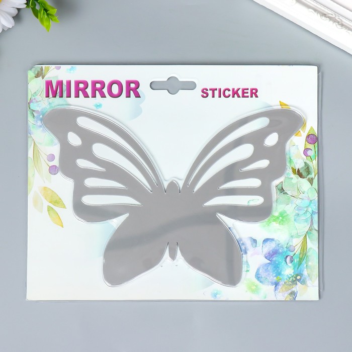 Наклейка интерьерная зеркальная "Бабочка ажурная" серебро 21х15 см - фото 1898564916