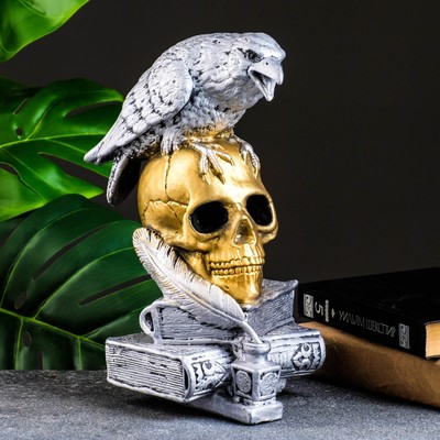 Фигурка гипс «Череп с вороном», бронза с серебром, 28 см