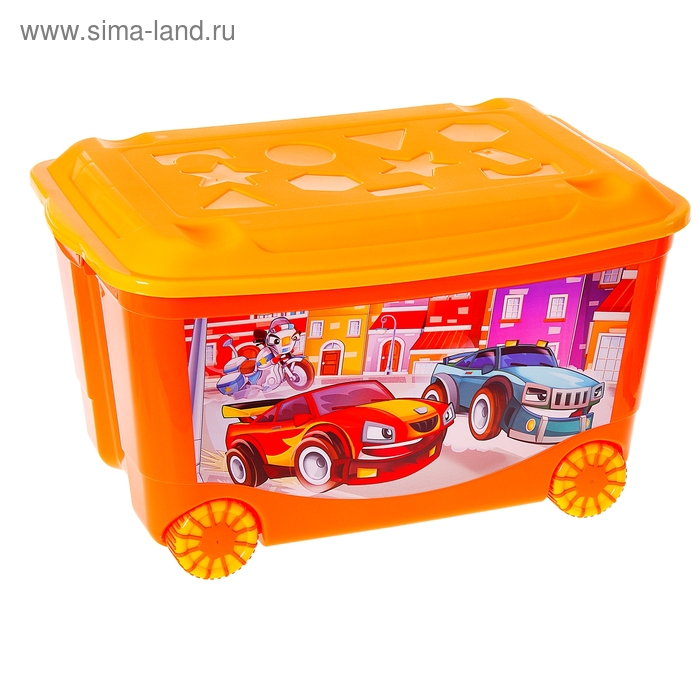 Ящик для игрушек с аппликацией "Машинки" на колёсиках, с крышкой, 50 л, цвет оранжевый - Фото 1