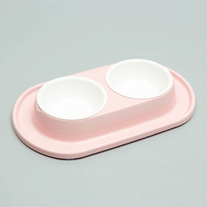 Миска для животных "Мур-мяу" 0,3л двойная на подставке, розовая - Фото 1