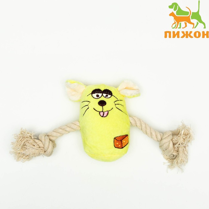 Игрушка мягкая для собак "Веселая мышка" с канатом и пищалкой, 20 х 13 см, жёлтая