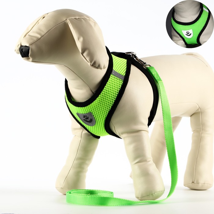 Шлейка с поводком, размер M, ОШ 26 см, ОГ 36-44 см, с светоотражающей нашивкой, мягкая, зелёная - Фото 1