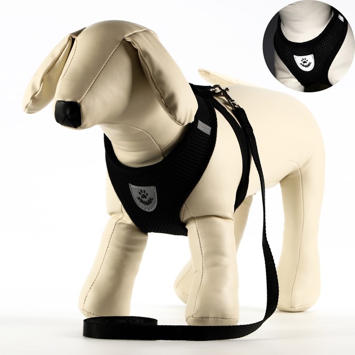 Шлейка с поводком, размер L, ОШ 33 см, ОГ 36-48 см, с светоотражающей нашивкой, мягкая, чёрная - Фото 1