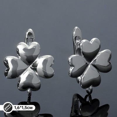 Швензы родированные «Клевер» сердце, цвет серебро