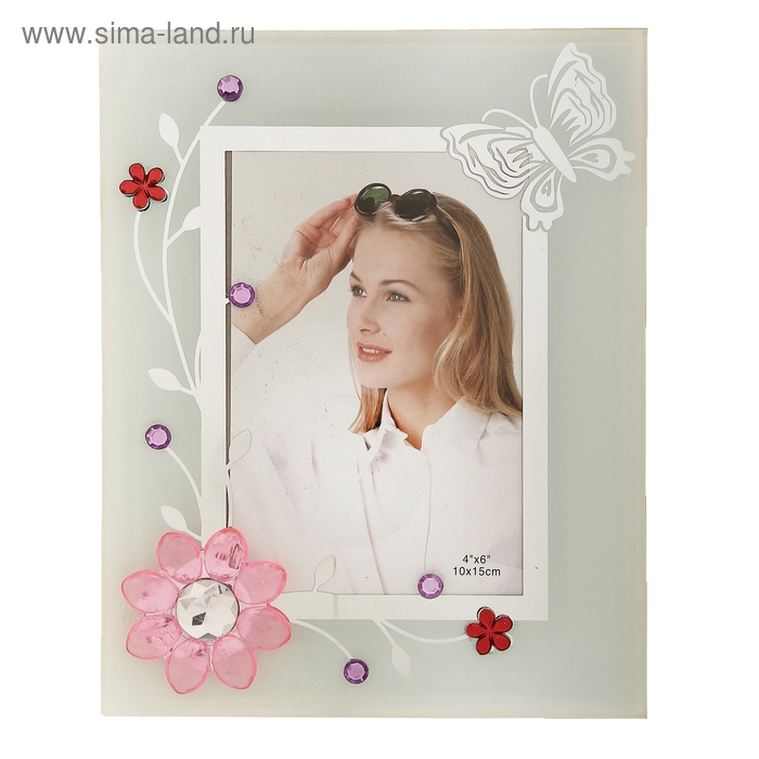 Фоторамка зеркальная "Кристальный цветок с бабочкой" со стразами, 10х15 см - Фото 1