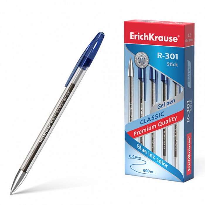 Ручка гелевая ErichKrause R-301 Classic Gel Stick, чернила синие, узел 0.5 мм, длина линии письма 600 метров - Фото 1