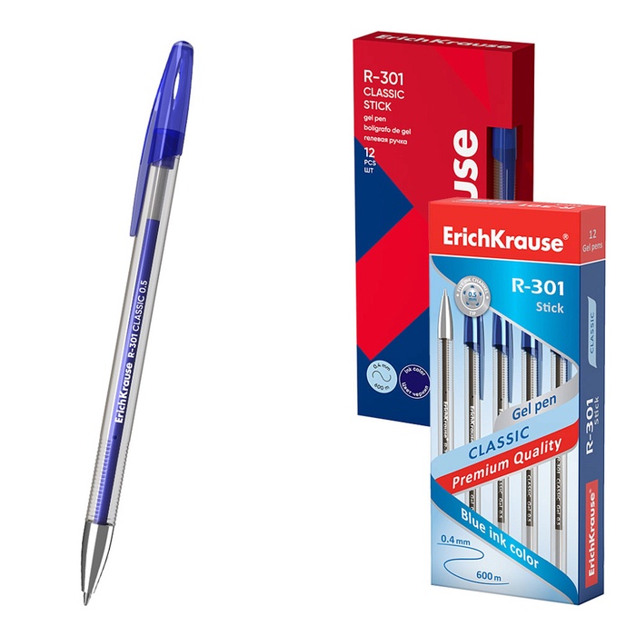 Ручка гелевая ErichKrause R-301 Classic Gel Stick, узел 0.5 мм, чернила синие, длина линии письма 600 метров - Фото 1