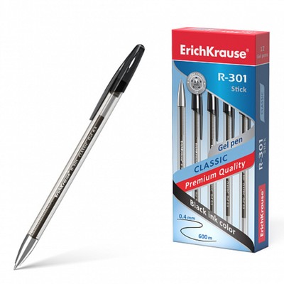 Ручка гелевая ErichKrause, R-301 Classic Gel Stick, узел 0,5мм, чернила черные, длина линии письма 600 метров
