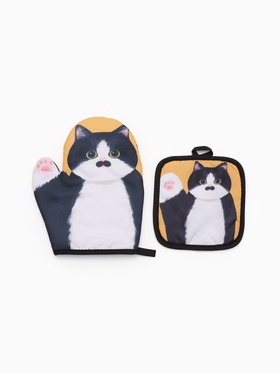 Кухонный набор «Доляна. Котик Борис», чёрный: прихватка, варежка-прихватка