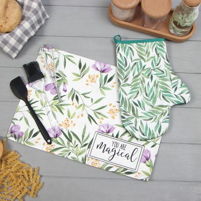 Кухонный набор подарочный Leaves: полотенце, варежка-прихватка, кисть, лопатка, венчик