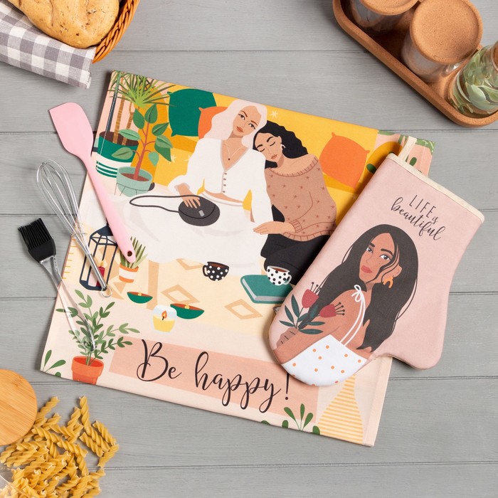 Кухонный набор подарочный Life is beautiful: полотенце, варежка-прихватка, кисть, лопатка, венчик - Фото 1