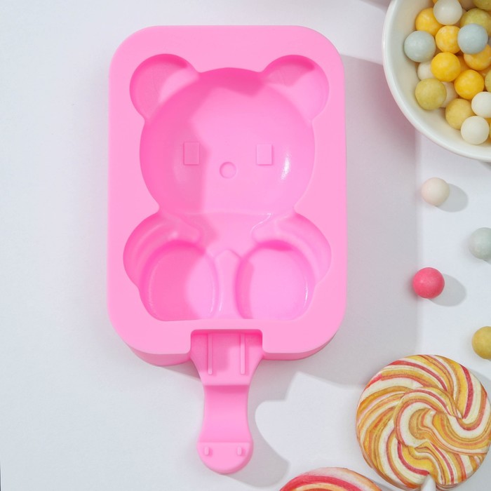 Форма для мороженого Доляна «Мишутка», силикон, 14×8×2,5 см, цвет розовый - Фото 1