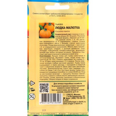 Семена Тыква "Людка-Малютка", 1 г