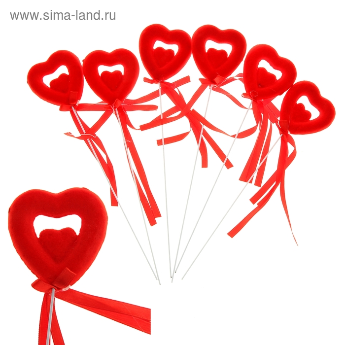 Сердце сувенирное на палочке бархат (набор 6 шт) d=5 см вставка, красный - Фото 1