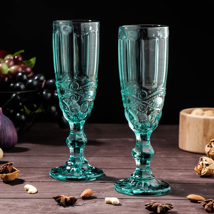 Набор бокалов из стекла для шампанского Magistro «Ла-Манш», 160 мл, 7×20 см, 2 шт, цвет бирюзовый - Фото 1
