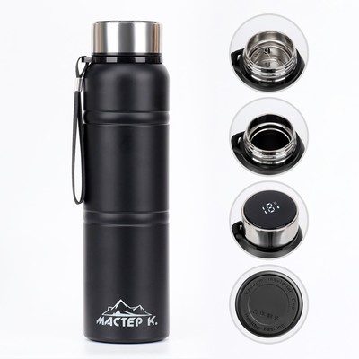 Термос Мастер К Warm, 850 мл, с ситечком, с датчиком температуры, сохраняет тепло 24 ч, нержавеющая сталь, чёрный