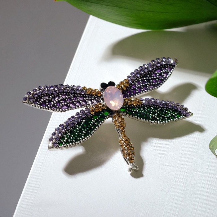 Брошь «Стрекоза», цветная в чернёном серебре - Фото 1