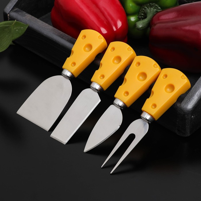 Ножи для нарезки сыра Доляна «Пармезан», 4 предмета, 13 см, цвет жёлтый - фото 1907364313