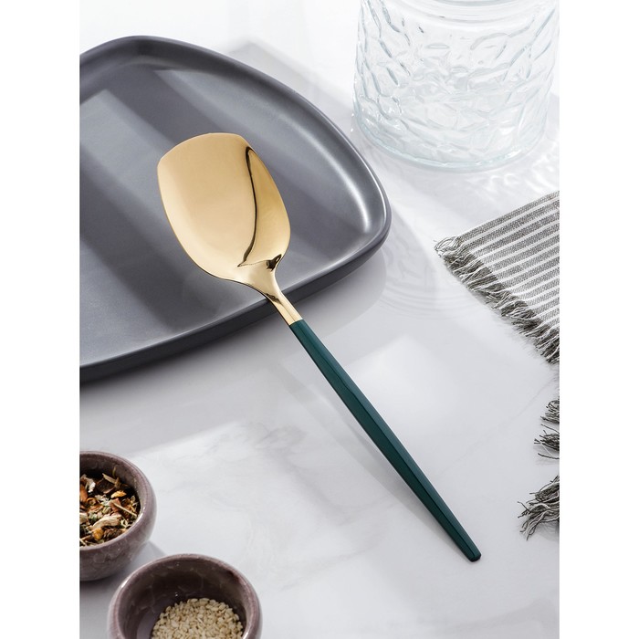 Лопатка из нержавеющей стали Magistro «Грэйс», длина 26 см, цвет ручки зелёный, цвет головы золотой - Фото 1
