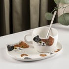 Чайная пара керамическая «Котик», 3 предмета: чашка 200 мл, блюдце 18,5×13,5 см, ложка - фото 4996814