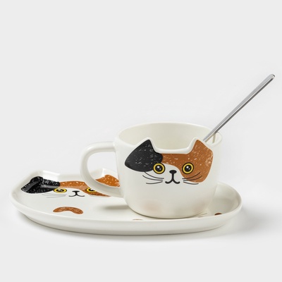 Чайная пара «Котик», 3 предмета: чашка 200 мл, блюдце 18.8×13.6 см, ложка, керамика, белая