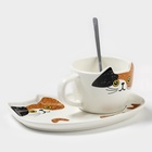 Чайная пара «Котик», 3 предмета: чашка 200 мл, блюдце 18.8×13.6 см, ложка, керамика, белая - Фото 6