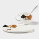 Чайная пара «Котик», 3 предмета: чашка 200 мл, блюдце 18.8×13.6 см, ложка, керамика, белая - Фото 7