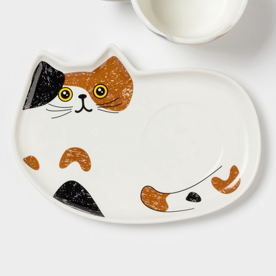 Чайная пара «Котик», 3 предмета: чашка 200 мл, блюдце 18.8×13.6 см, ложка, керамика, белая