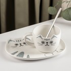 Чайная пара керамическая «Котик», 3 предмета: чашка 200 мл, блюдце 18,5×13,5 см, ложка - фото 320360240