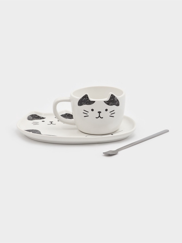 Чайная пара «Котик», 3 предмета: чашка 200 мл, блюдце 18.5×13.5 см, ложка, керамика - Фото 1