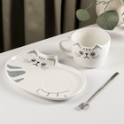 Чайная пара «Котик», 3 предмета: чашка 200 мл, блюдце 18.5×13.5 см, ложка, керамика - Фото 2