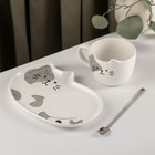 Чайная пара с ложкой «Котик», чашка 200 мл, блюдце 18,5×13,5 см  (артикул 7329168)  большой выбор товаров оптом и в розницу по низким ценам с доставкой