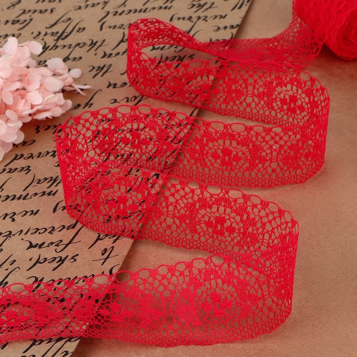 Кружево капроновое, 35 мм, 10±1 м, цвет красный