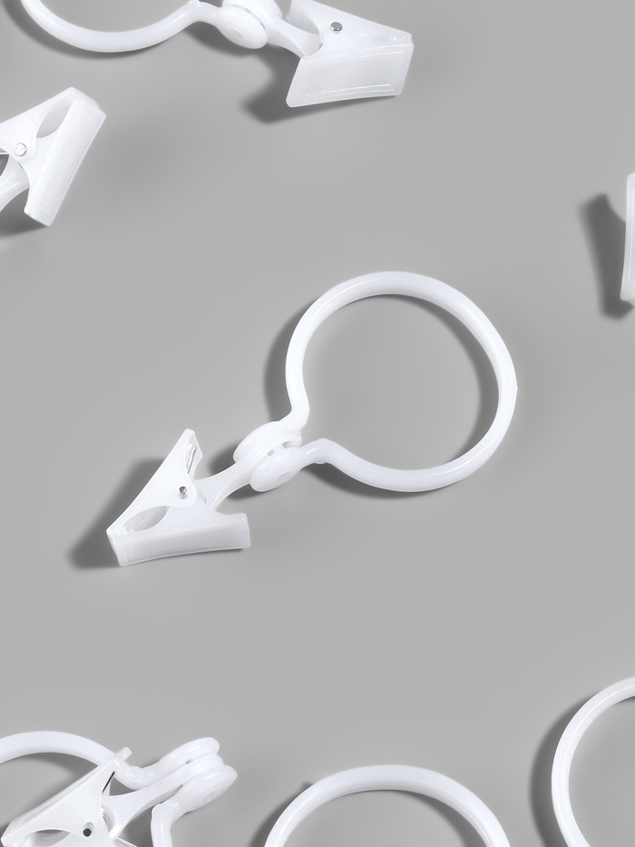 Кольцо для штор, с зажимом, d=33/38 мм, 12 шт., белое - Фото 1