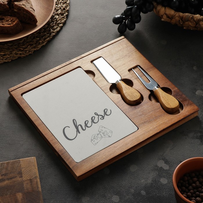 Набор для подачи сыра «Мрамор», 2 ножа, доска квадратная, акация - Фото 1