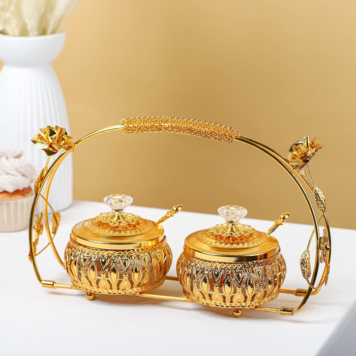 Сахарницы «Бонжур», с ложками, на подставке, набор 2 шт., металл, золотистые - Фото 1