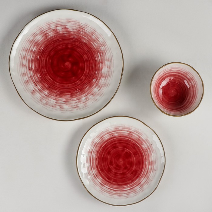 Набор фарфоровой посуды Доляна «Космос», 16 предметов: 4 тарелки d=21 см, 4 тарелки d=27,5 см, 4 миски d=13 см, 4 кружки 400 мл, цвет красный - фото 1927824825