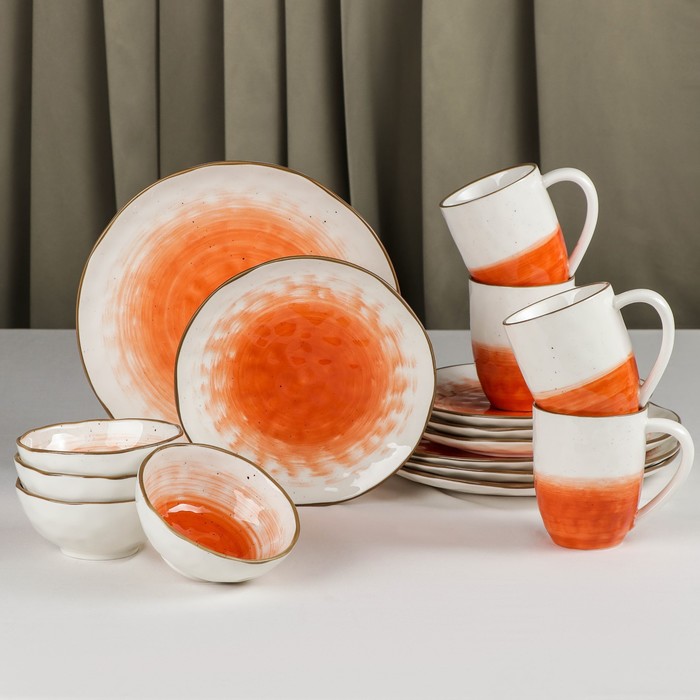 Набор фарфоровой посуды Доляна «Космос», 16 предметов: 4 тарелки d=21 см, 4 тарелки d=27,5 см, 4 миски d=13 см, 4 кружки 400 мл, цвет оранжевый - Фото 1