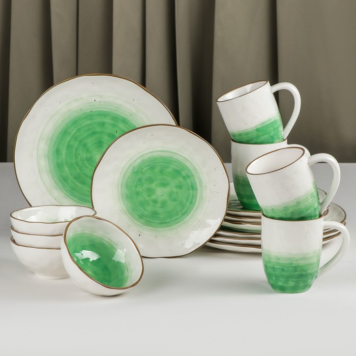 Набор фарфоровой посуды Доляна «Космос», 16 предметов: 4 тарелки d=21 см, 4 тарелки d=27,5 см, 4 миски d=13 см, 4 кружки 400 мл, цвет зелёный - фото 1907365805